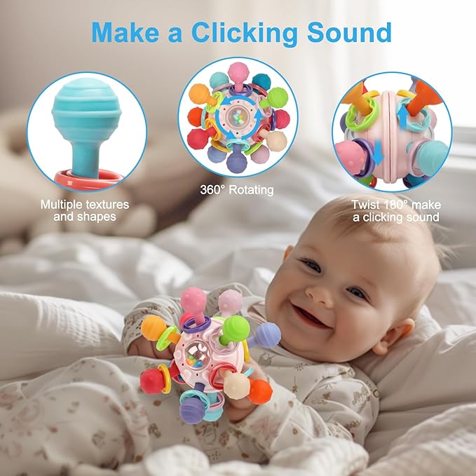 Easter Baby Teething Toys for 0-6 6-12 Months, BPA Free Food Grade Silicone Teether, Infant Sensory Chew Rattles Toys, Perfect Baby Easter Basket Stuffers & Easter Gifts, Pink