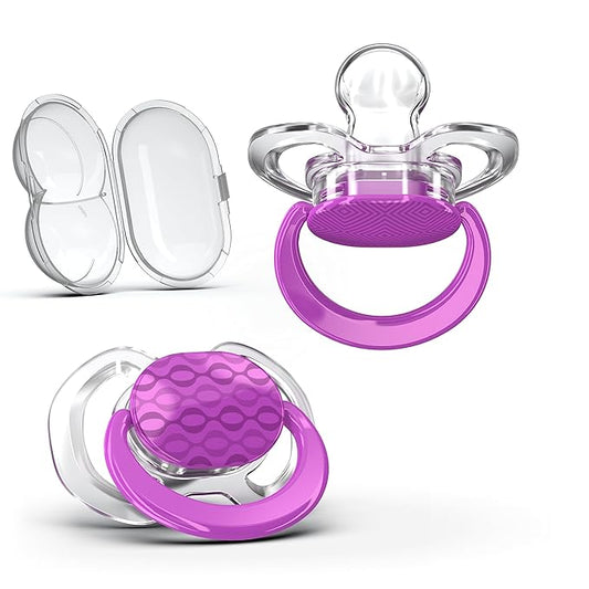 Smilo Baby Pacifier - 2 Pack of Slimline Pacifiers for Babies with Sterilization Box - Stage 2 for Babies 3-9 Months - 100% Silicone Newborn Pacifiers BPA Free - Plum Purple