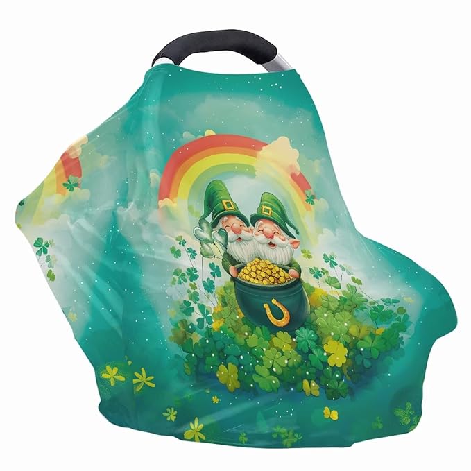 Wanyint Baby Car Seat Cover High Chair Canopy Shopping Cart Cover Soft Breathable Baby Breastfeeding Protector for Breastfeeding Mothers for Saint Patrick's Day Decor, Gnome Clover Gold Coin