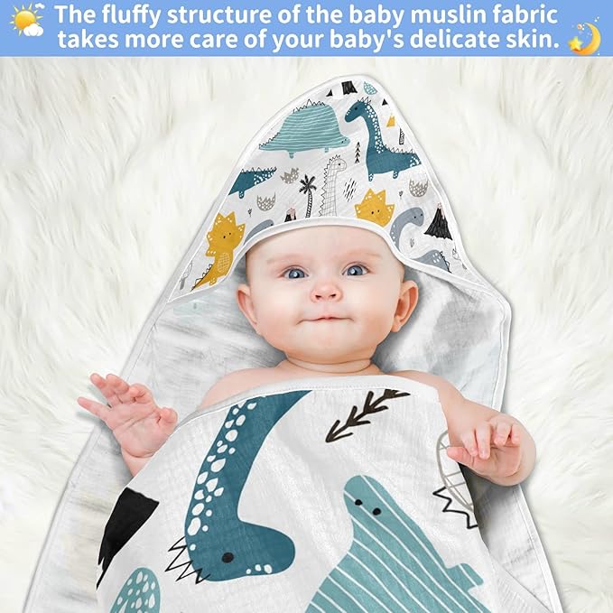 Dinosaur Baby Boys Girls Bath Towel Cute Dragon Hooded Towels Newborn Toddlers Organic Cotton Washcloths Shower Beach Towel 35 x 35 Inch