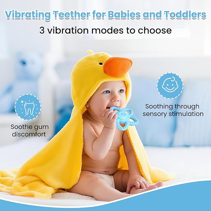 Vibrating Sensory Chew Toy - Dual Use Teethers for Babies 3-6 Months/6-18 Months & Autism Chew Toys, Baby Teething Toys with 3 Vibration Modes, Sensory Toys for Kids with Autism (Blue)