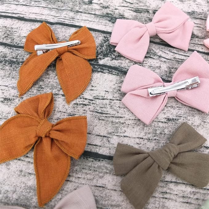 12 PCS Linen Bow Hair Clips for Baby Girls Toddler Kids Hair Bows Alligator Clips In Fringe Bangs Accessories (Assorted A)