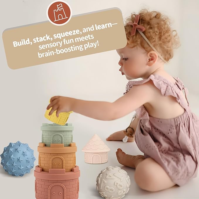 Baby Stacking Cups & Sensory Ball Set, Textured Sensory Toys for Babies, Soft Castle Nesting Blocks, Newborn Teether & Bath Toys 6-12 Months, 8 PCS Montessori Learning Gifts for Toddlers 1-3
