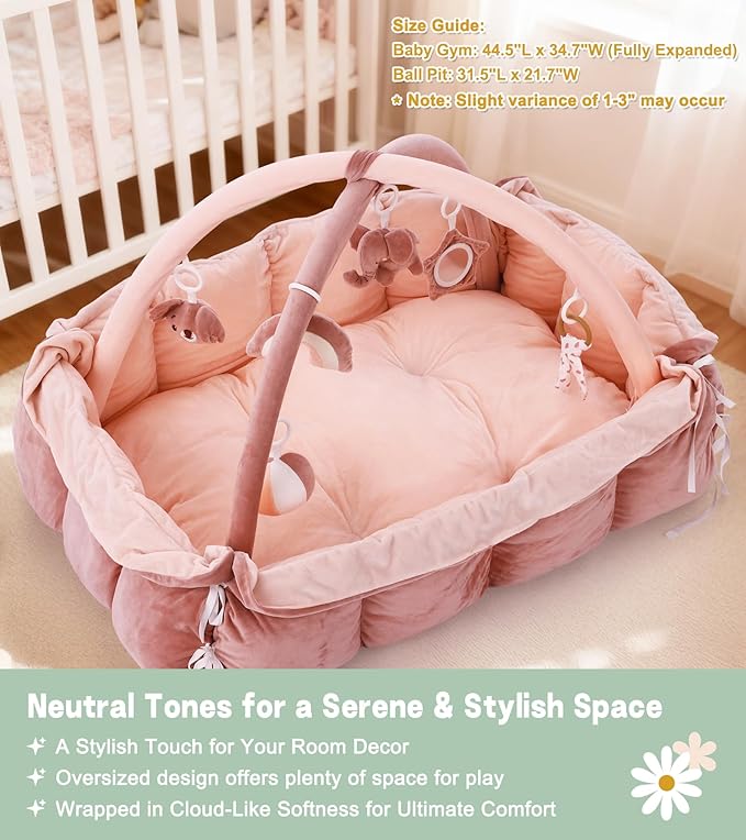 5-in-1 Baby Play Gym and Tummy Time Mat, 12 Learning Cards, Plush Activity Mat with 6 Toys, Baby Gym, Convertible to Ball Pit, Baby Gift, Pink