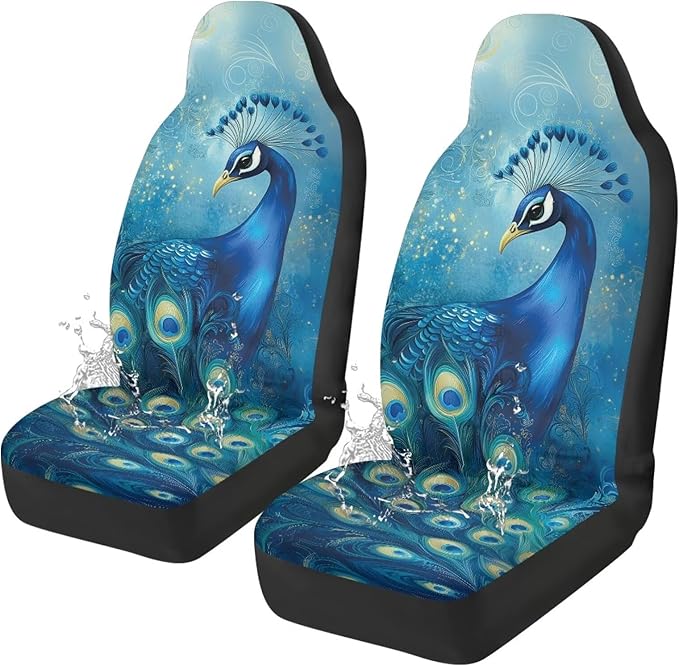 Fashion Peacock Car Seat Covers Set of 2 Waterproof Universal Vehicle Front Seats Interior Protector Easy to Install Interior Protection Suitable Fits Most Car Auto SUV Sedan Truck