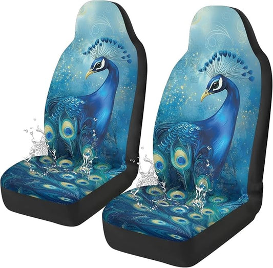 Fashion Peacock Car Seat Covers Set of 2 Waterproof Universal Vehicle Front Seats Interior Protector Easy to Install Interior Protection Suitable Fits Most Car Auto SUV Sedan Truck
