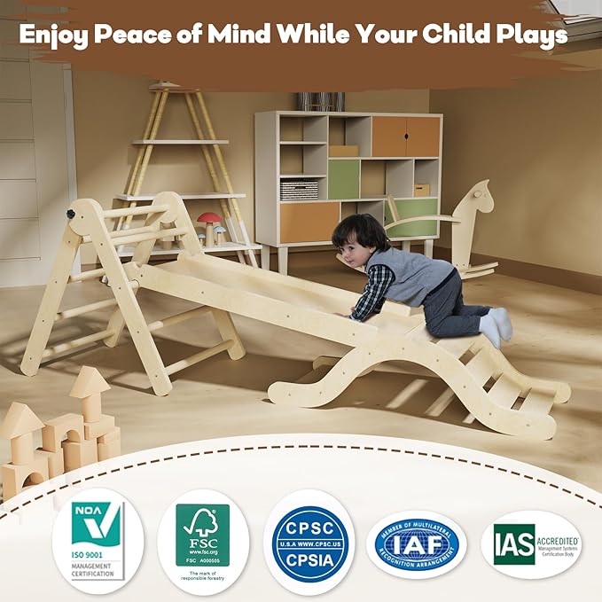doowroodni Pikler Triangle Set 7in1 Toddler Climbing Toys Indoor Foldable Baby Climbing Toys Wooden Montessori Climbing Set with Arch, Ramp, Ladder for 1-3 Years, Jungle Gym for Kids (Natural)
