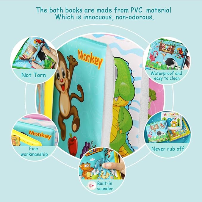 Baby Bath Books-3PCS,Bathtub Toys Floating Waterproof Educational Bath Toy Books for Toddlers-Animal Books,Count Books,Bird Books for Bath time