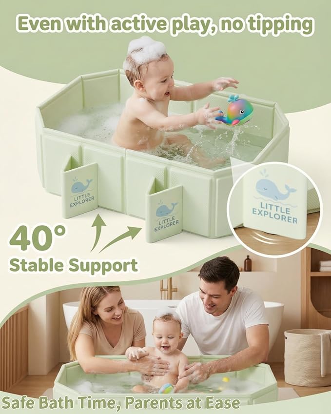 Foldable Baby Bathtub for Ages 0–6, Portable Toddler Bathtub for Shower, Collapsible Kids Bath Tub with 4 Support Legs, Anti-Slip Bottom & Dual Drain Holes, Space-Saving Travel Bath (Light Green)