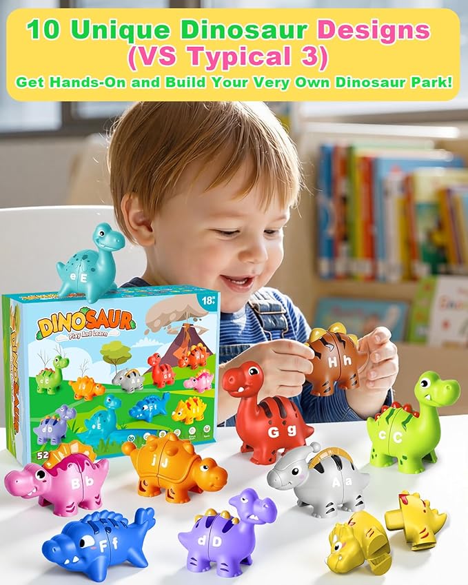 52 PCS Dinosaur Alphabet Learning Toys for Toddlers Kids 3-5, 10 Different Dinosaur Figures, Double Sided ABC Matching Game, Preschool Activities Montessori Fine Motor Toys for Toddlers Kids