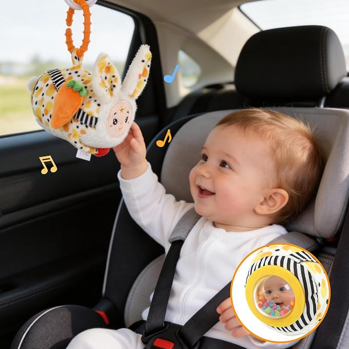 Hanging Bunny Baby Toy Cube for Car Seat, Infant Sensory Toys 0 6 12 Months for Plane Travel Game Activity with Rattle Crinkle Squeaky Textures, Montessori Plush Toys Newborn Baby Girl Boy Gifts