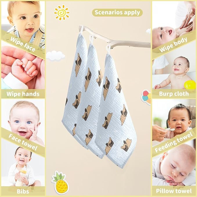 vvfelixl Cute French Bulldog Sleeping Baby Burp Cloths Baby Muslin Washcloths for Boys Girls Cotton Baby Face Towel for Newborn Infants Soft and Absorbent 11.8 X 11.8 in, 5 Pack