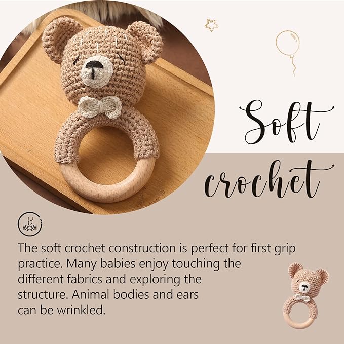 Wooden Baby Rattle Crochet Bear Baby Toys Handmade Newborn Toy Early Development Grips Stuffed Animal Organic Rattle (Bear)