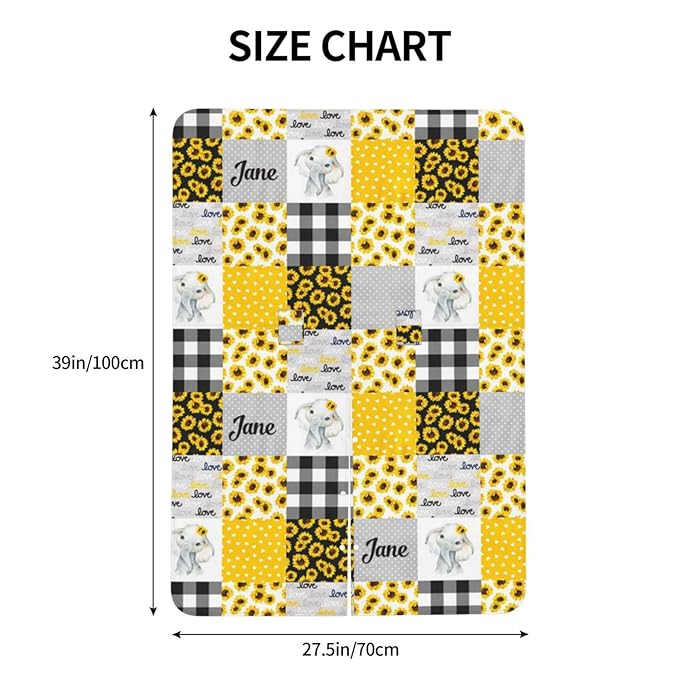 Personalized Elephant and Sunflower Plaid Baby Infant Car Seats Canopy for Babies with Name, Custom Multi-use Blankets for Baby Boys Girls, Peekaboo Minky Nursing Stroller Cover Canopies for Newborn