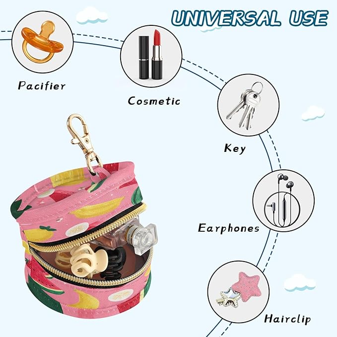 Pacifier Holder with Clip Pacifier Case for Diaper Bag Round Baby Pacifier Pouch Box Bag Portable Pink Watermelon Strawberry and Banana