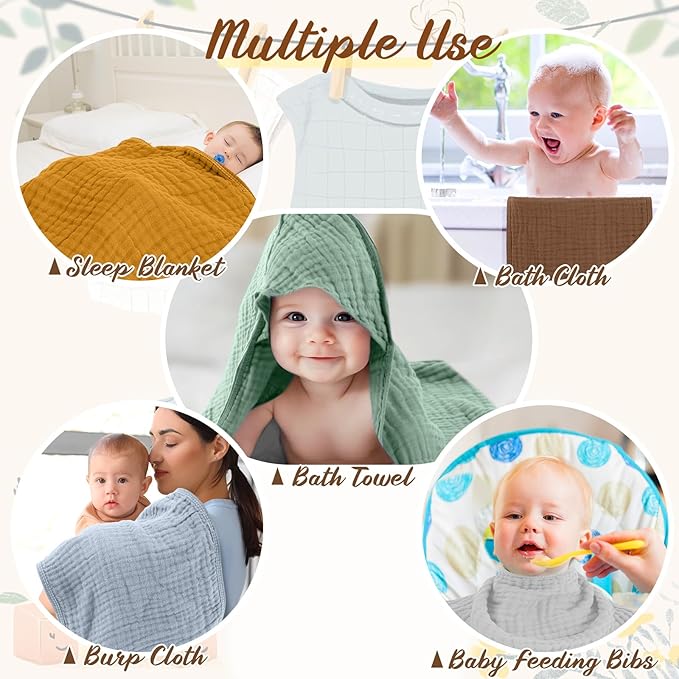 VitalCozy 12 Pcs Baby Muslin Hooded Bath Towels and Washcloths, Muslin Hooded Baby Towels Absorbent Blankets for Gift Newborn Infant Shower (Warm Color)
