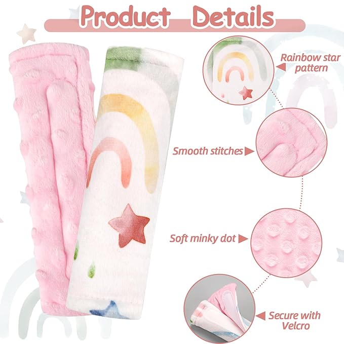 Baby Car Seat Strap Pads, Car Seat Strap Shoulder Covers for Baby Infant Toddler, Double-Sided Car Seat Belt Covers for Stroller/Pushchair/Baby Swing, Soft Flannel, Rainbow