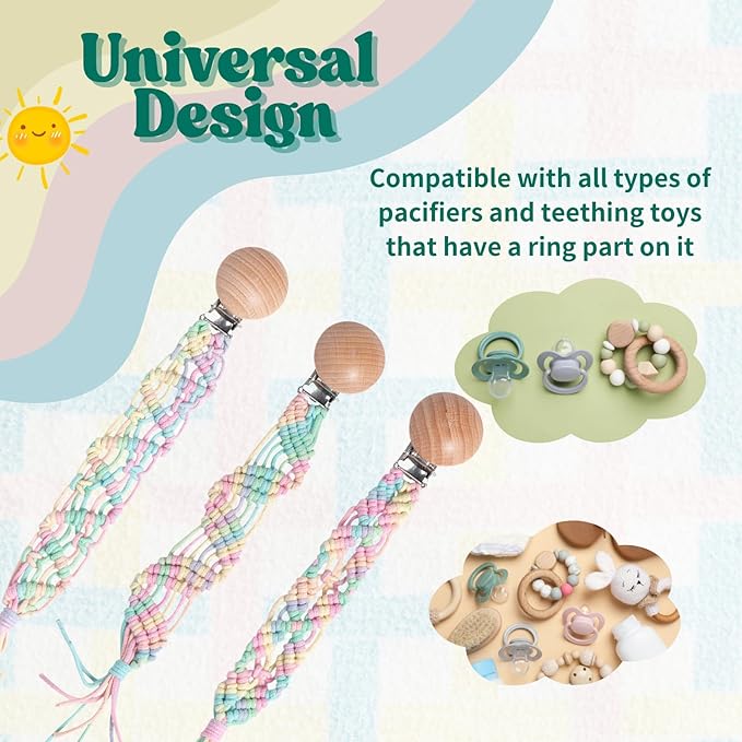 Boho Pacifier Clip for Boys Girls Pacifier Holder Leash Wooden Clips Handmade Braided Cotton Unisex Baby Shower Birthday Gift Christmas Gift (Rainbow - Pattern 5)