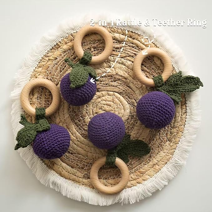 Wooden Baby Rattle Toys Stuffed Crochet Rattle with Teether Ring for Newborn Babies Fruit Wooden Teether Toy Infant Toddler Handcrafted Crochet Rattles Cute Shower Gifts for Boy and Girls