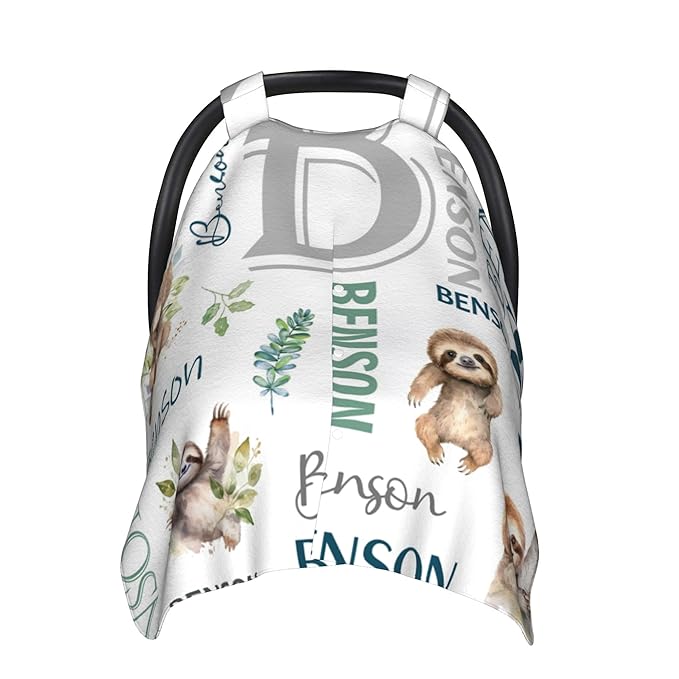 Personalized Winter Car Seat Covers for Babies with Name Sloth Minky Baby Car Seat Cover for Boys Girls Custom Infant Carseat Covers Baby Blanket Nursing Cover Breastfeeding Scarf