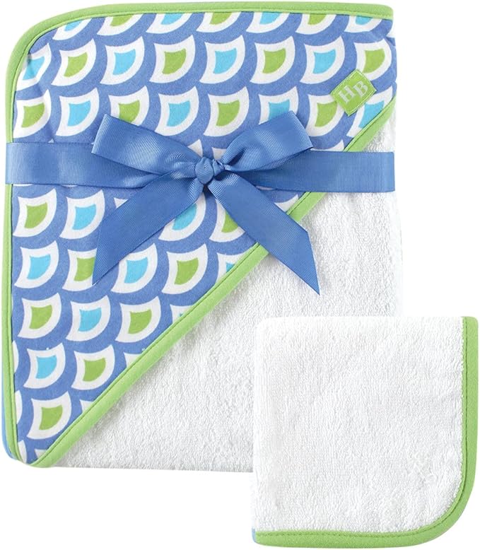 Hudson Baby Unisex Baby Cotton Hooded Towel and Washcloth, Green Wave, One Size