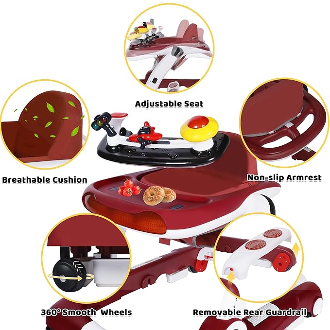 TODEFULL 6 in 1 Baby Walker, Baby Activity Walker for Toddler, Push Walker w/Adjustable Height Speed, Learning-Seated & Walk-Behind, Infant Walker w/Feeding Tray & Music Toys, Red