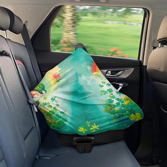 Wanyint Baby Car Seat Cover High Chair Canopy Shopping Cart Cover Soft Breathable Baby Breastfeeding Protector for Breastfeeding Mothers for Saint Patrick's Day Decor, Gnome Clover Gold Coin