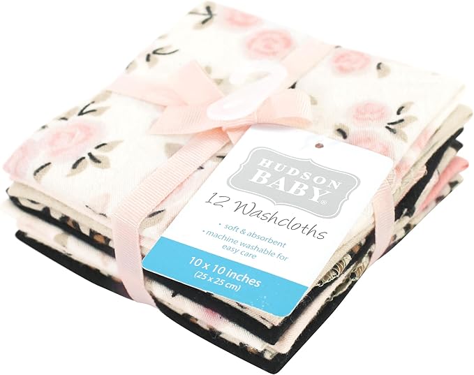 Hudson Baby Unisex Baby Flannel Cotton Washcloths, Neutral Pink Floral 12 Pack, One Size