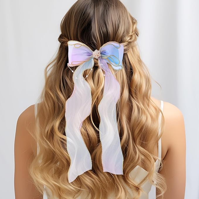 Qianyu 2 PCS Hair Bows for Girls Colorful Little Princess Lace Mesh Hair Clips Extended Ribbon Can Braid Summer Rainbow Bows Alligator Clips for Toddlers Baby Girls Kids Teens (Purple+Blue)