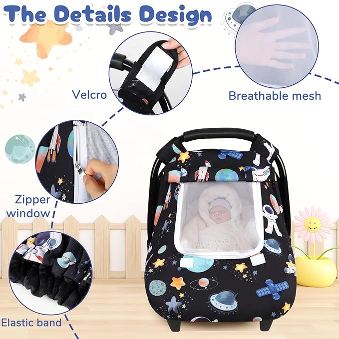 Baby Car Seat Cover, Windproof Carseat Cover for Infant Girls, Infant Warm Carseat Canopy with Double Layer Fabric for Winter, Compatible with Most Baby Car Seat, Black Space