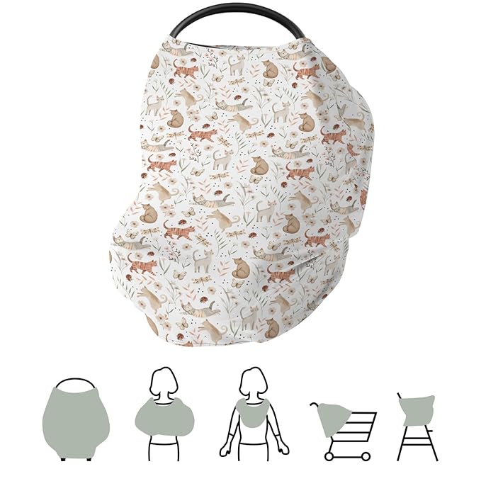 Cute Cat Boho Floral Leaves Baby Car Seat Covers Fun Kittens Meadow Butterflies Stretchy 5-in-1 Cover Adjustable Infant Carseat Canopy Cover Cats Lover Gift Breathable Nursing Cover-Up