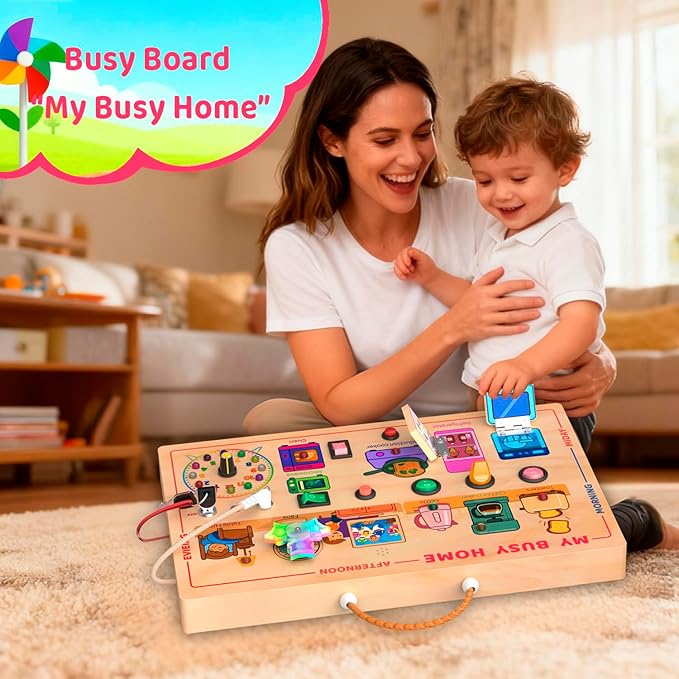 UdoUto My Busy Home Montessori Busy Board for Toddlers 1-3 - Wooden Sensory Activity Board with Kitchen Appliances, Switches, Clock | Educational Fine Motor Skill Toy for 1+ Year Old Boys Girls