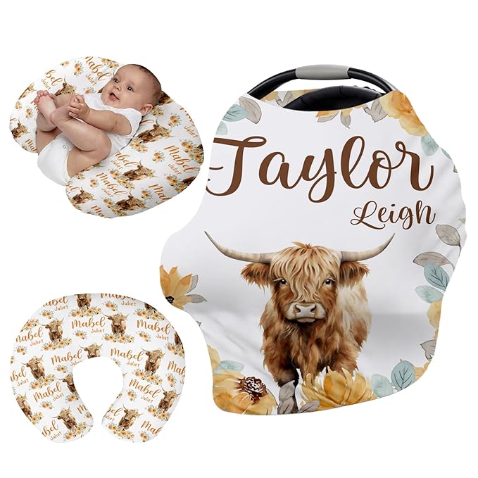 Custom Name Car Seat Canopy - Baby Car Seat Covers, Infant Stroller Cover, Carseat Canopy Christmas Birthday Gifts for Girls and Boys Yellow Highland Cow Print (27"x29")