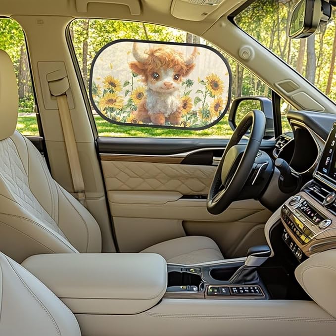 Bulopur Lovely Highland Cow Car Window Covers 2 Pack Car Window Shades UV Protection Breathable Side Window Screens Sun Protection and Sun Shade Blocker Universal Car Sun Shades