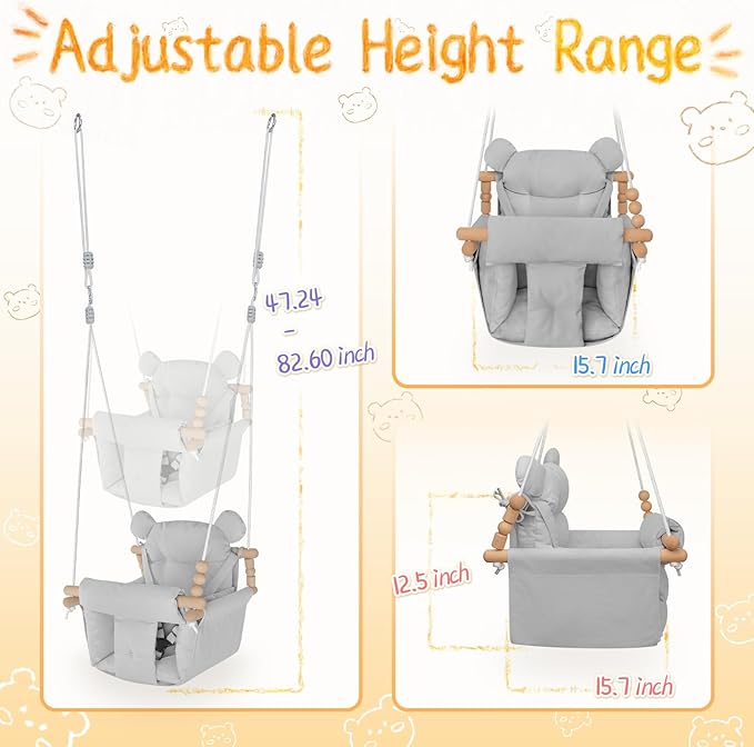 Baby Swing Indoor Outdoor,Secure Canvas Wooden Toddler Swing Seat, 3-Point Adjustable Safety Harness,Mounting Hardware Included,Gift for Boys and Girls, Grey
