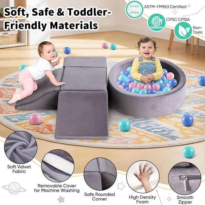 Toddler Climbing Toys Indoor for 1-3, Baby Foam Climbing Blocks with Ball Pit, Climbing Toys for Toddlers 1 Year Old, Baby Soft Play Set Modular Crawling Sliding Play Activity (Balls Not Included)