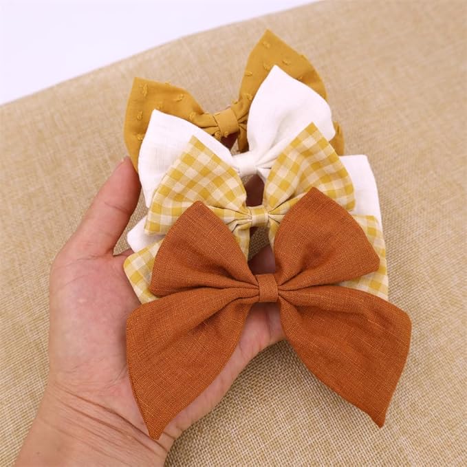 4 PCS Sailor Bow Hair Clips for Kids Girls Women Linen cotton Hair Bow Alligator Clips Baby Toddler Girl Mom Hair Accessories (Gold Autumn)