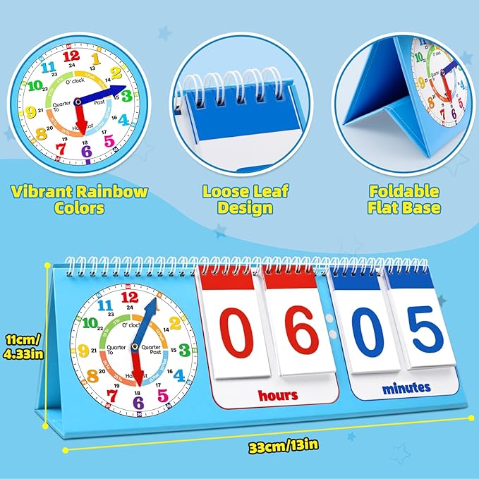 Torlam Learning Clock Flip Chart Colorful Analog & Digital Telling Time Teaching Clock for Kids, Math Manipulatives 1st 2nd Grade Homeschool Supplies Kindergarten Preschool Learning Activities Games