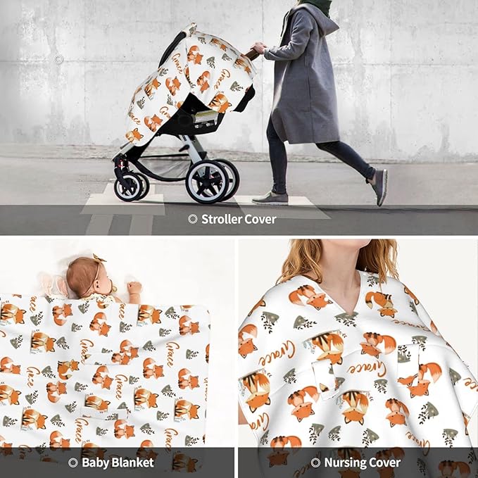 Personalized Baby Car Seat Covers for Babies with Name, Customized CarSeat Cover Stroller Canopy for Girls Boys, Custom Cute Fox Nursing Cover Breastfeeding Scarf for Infant Newborn New Mom