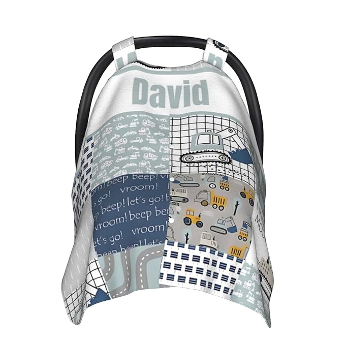 Personalized Baby Car Seat Canopy for Babies with Name, Custom Car Seat Covers for Boys Girls, Construction Nursing Breastfeeding Stroller Cover Infant Carseat Canopies for Newborn
