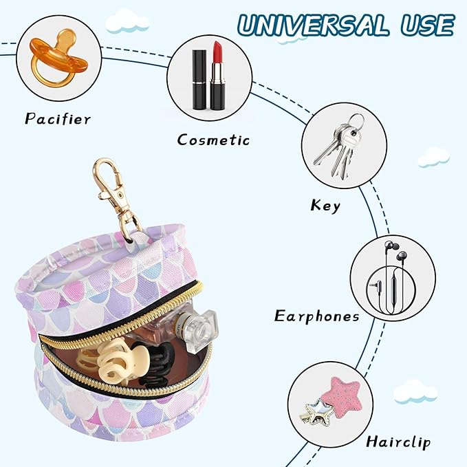 Rainbow Scales Mermaid Print Pacifier Holder Case for Diaper Bag Portable Travel Pacifier Storage Case with Clip Newborn Baby Pouch for Baby Boys Girls Purse Outdoor