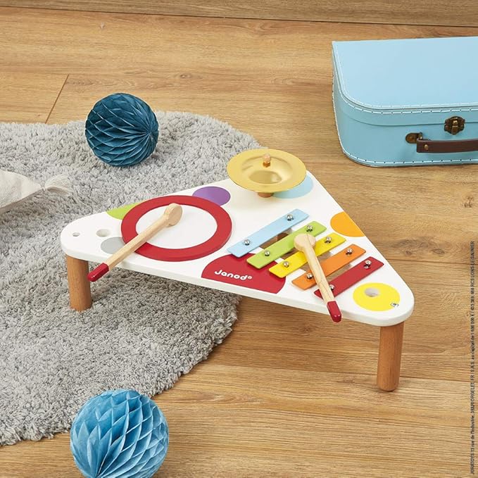 Janod Confetti Wood Musical Table - Includes 3 Instruments - Ages 12 Months+ - J07634