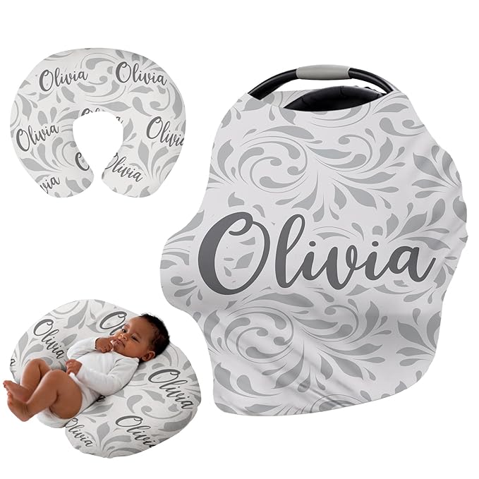 Custom Name Car Seat Canopy - Baby Car Seat Covers, Infant Stroller Cover, Carseat Canopy Christmas Birthday Gifts for Girls and Boys White Leaf Pattern
