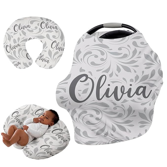 Custom Name Car Seat Canopy - Baby Car Seat Covers, Infant Stroller Cover, Carseat Canopy Christmas Birthday Gifts for Girls and Boys White Leaf Pattern