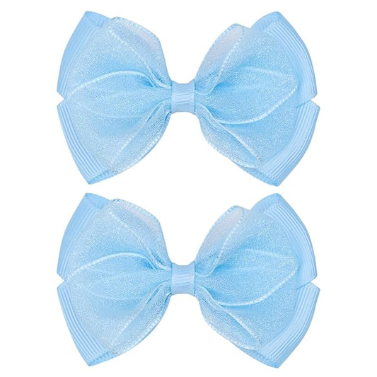 Tiny 3 Inch Organza Double Hair Bow Clips - Lined Boutique Alligator Hairpin for Baby Girls, Toddlers, and Little Teens - Kids Barrettes Set of 2 Small Stylish (Light Blue)