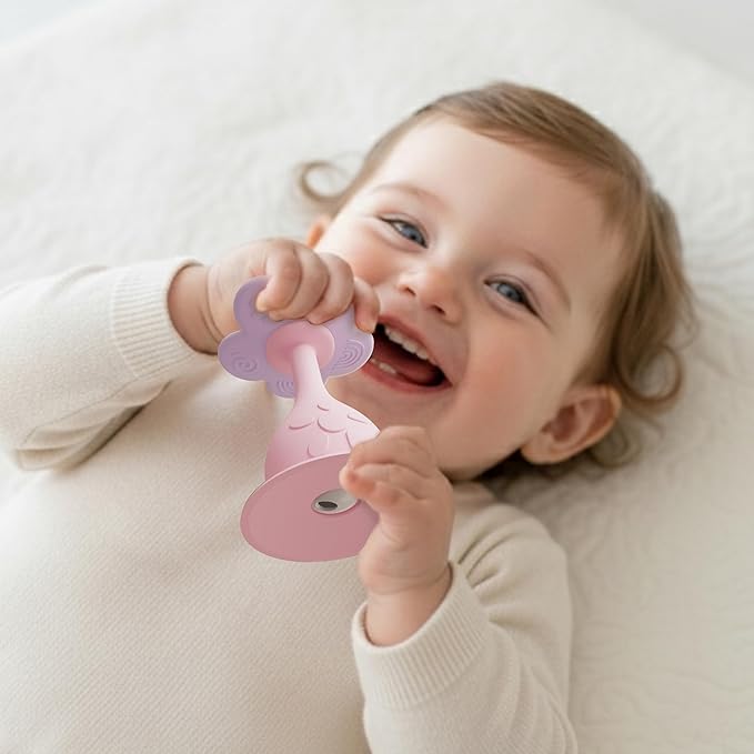 Baby Flower Teether Rattle Toy, Sensory Toy for Baby 0-24 Months, Teething Relief Chewing Toy for Infant, BPA Free Food Grade Silicone Teether (Pink)