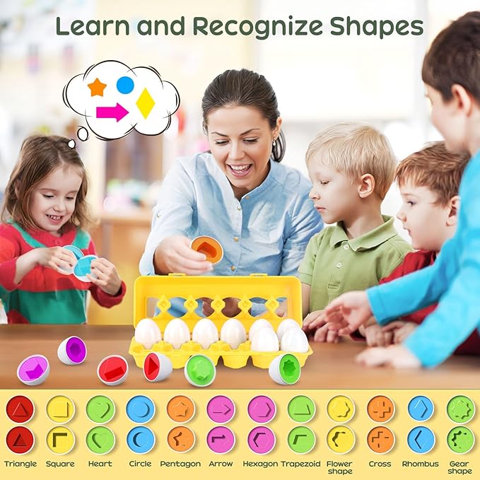 CPSYUB Matching Egg Toy 12 PCS for Toddlers Ages 1-3 Kids, Easter Eggs Shape & Color Recognition with Carton, Montessori Sensory Sorter Toddler Toys for Travel Play, Gifts for Year Old Baby (Yellow)