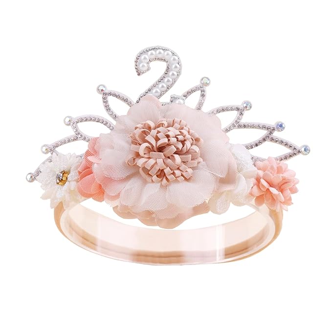 cherrboll Flower Headband Birthday Crown for Girl, Floral Nylon Hairband for 1-3 Years Old Toddler, 2nd Birthday Party Dress Photo Decoration Hair Accessory