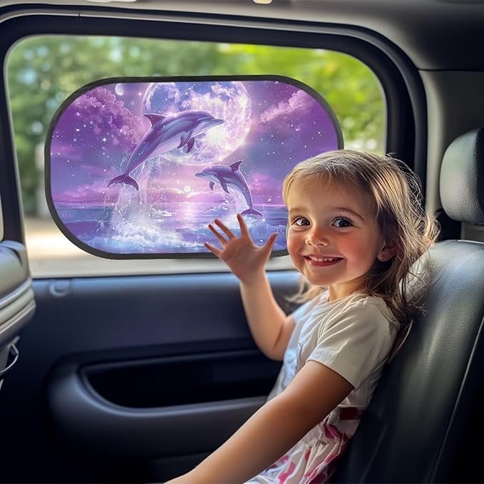 Bulopur Purple Dolphin 2 Pack Back Window Sun Shades for Car Glare Shield Protection Side Window Screens Easy to Install UV Protection Breathable Universal Car Sun Shades