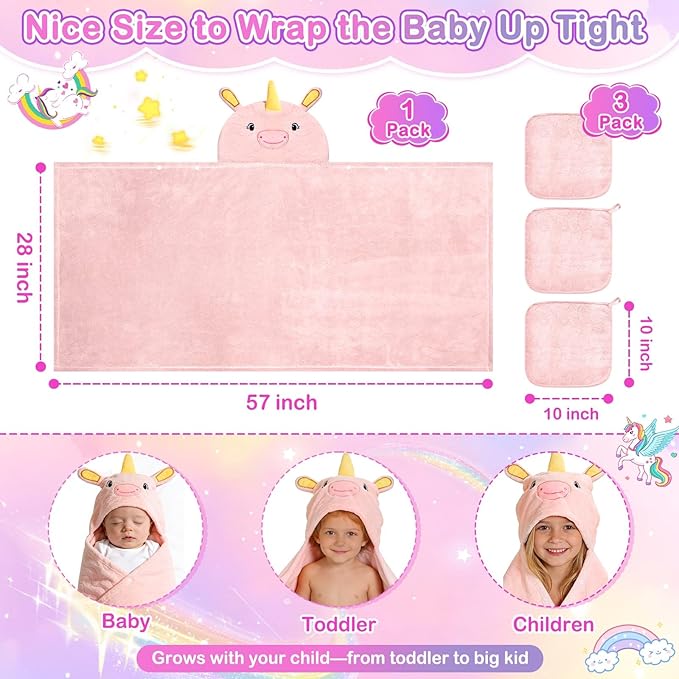 Flasoo 4 Pcs Toddler Towels Set, 1 Thick Toddler Bath Towel & 3 Washcloths, Large 55" x 27.5" Hooded Toddler Bath Towel, Hooded Towels Kids, Soft Toddler Towels with Hood 0-5 Years for Kid (Unicorn)